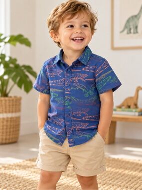 M&S Kids 2–3Y Blue Chameleon & Lizard Print Short Sleeve Button-Up Shirt